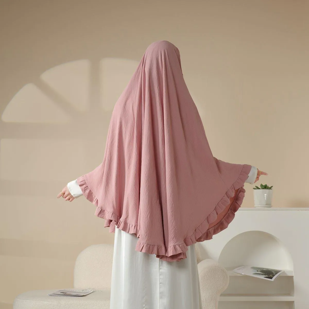 MK019 Ruffled Solid Elastic Long Shawl Khimar