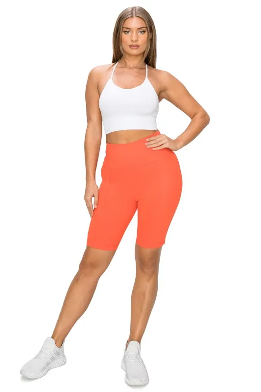 Orange High Waisted Biker Shorts W Pockets