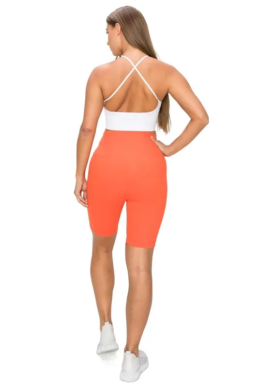 Orange High Waisted Biker Shorts W Pockets