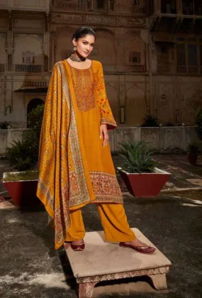 Pashmina Unstitched Mustard Winter Wear Suits With Embroidery