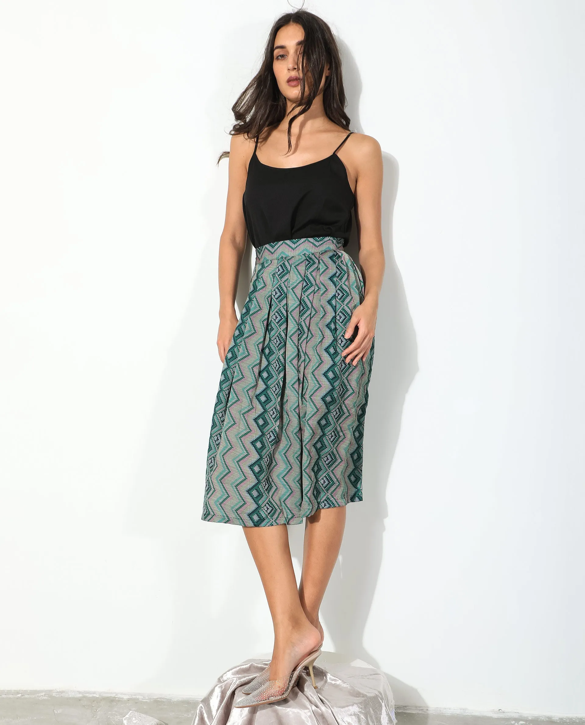 Rareism Women Arabella Dark Green Polyester Fabric Zip Closure Regular Fit Geometric Print Knee Length Skirt