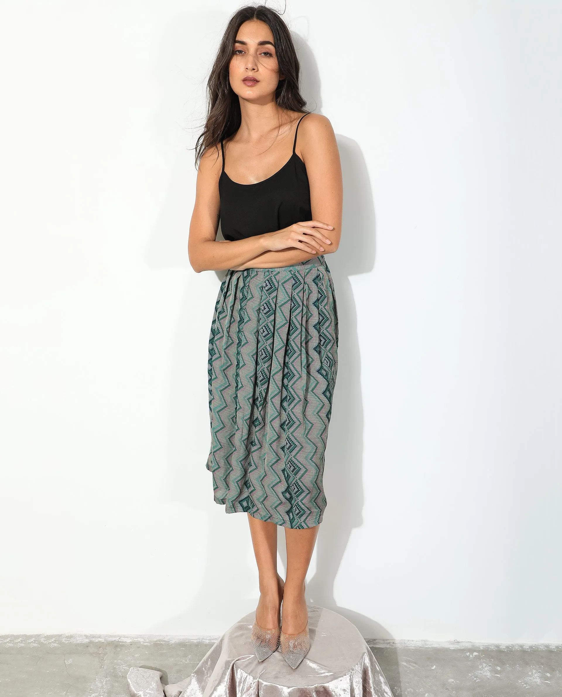 Rareism Women Arabella Dark Green Polyester Fabric Zip Closure Regular Fit Geometric Print Knee Length Skirt