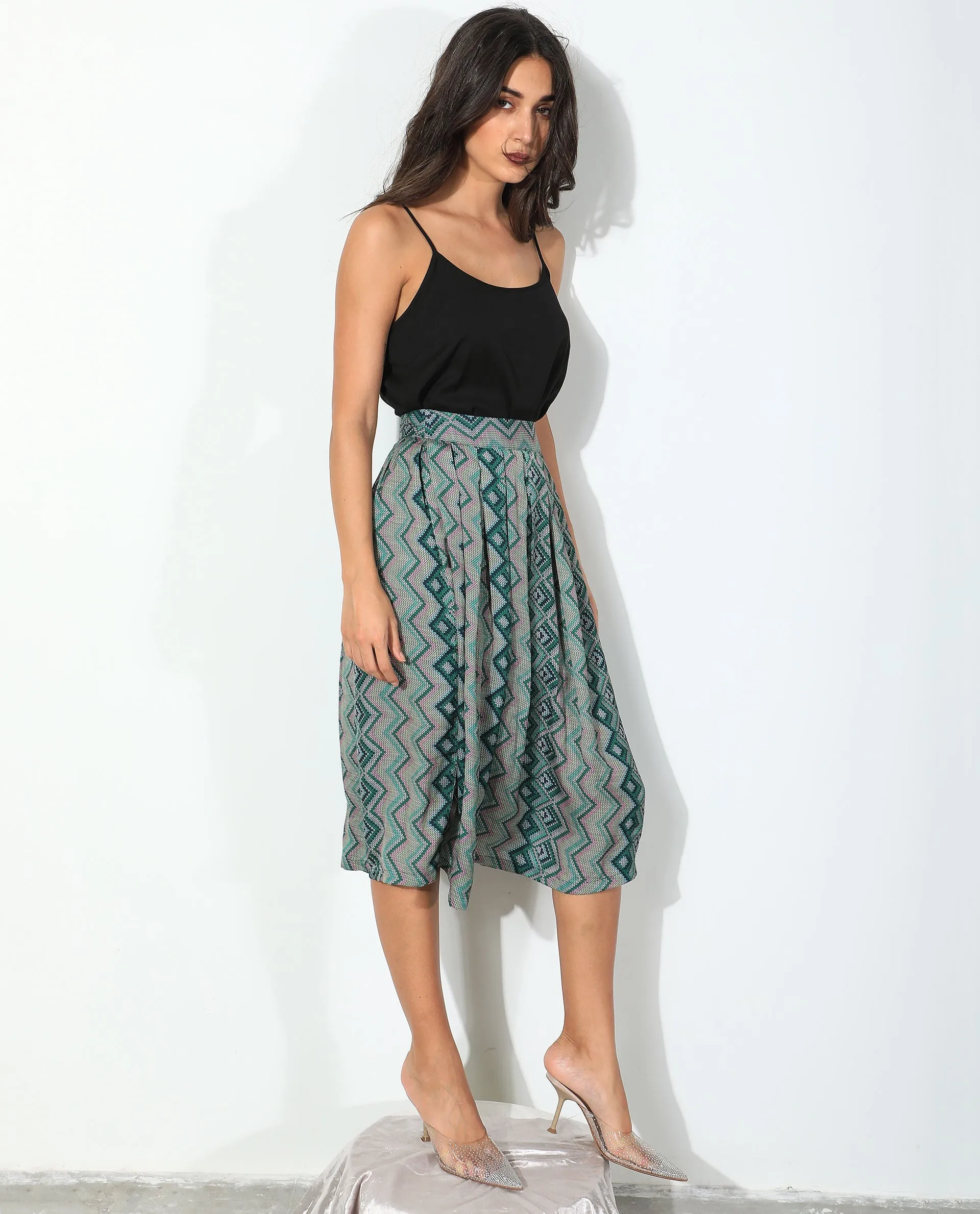 Rareism Women Arabella Dark Green Polyester Fabric Zip Closure Regular Fit Geometric Print Knee Length Skirt