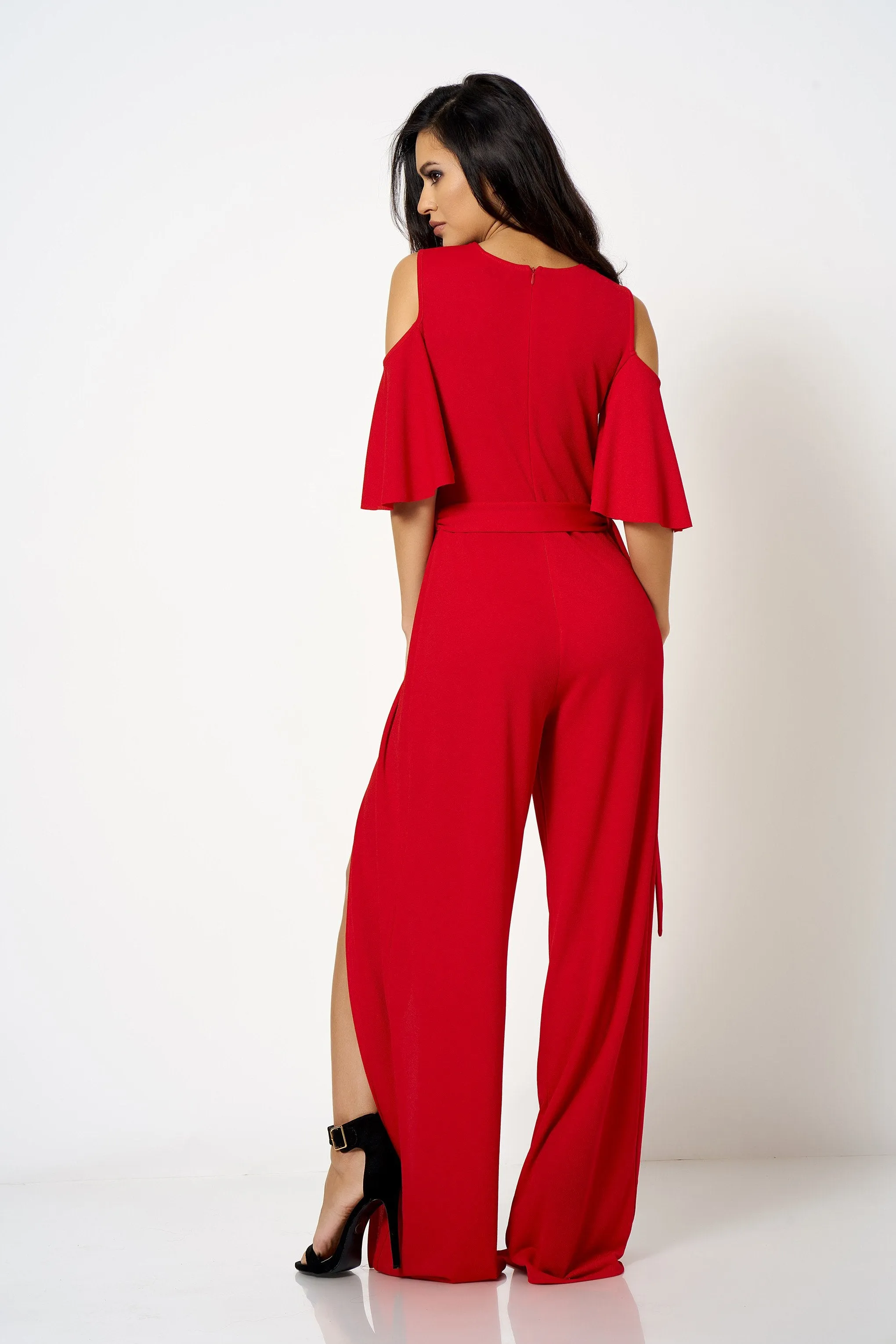 Red Cold Shoulder Frill Split Leg Jumpsuit