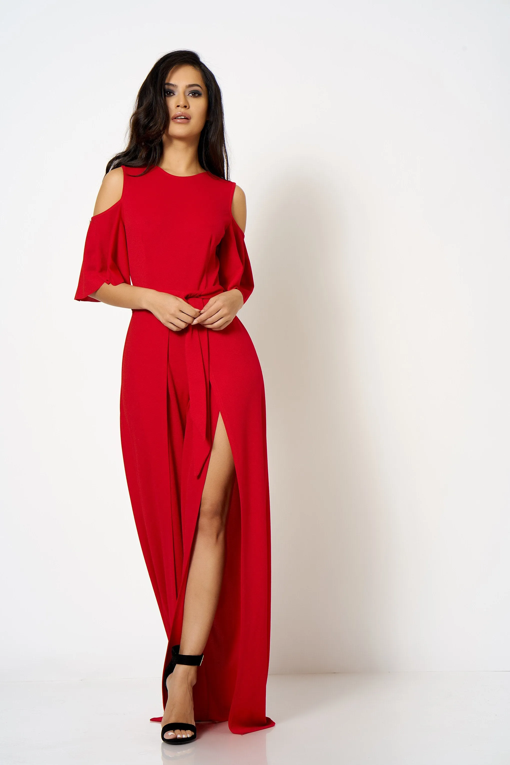 Red Cold Shoulder Frill Split Leg Jumpsuit