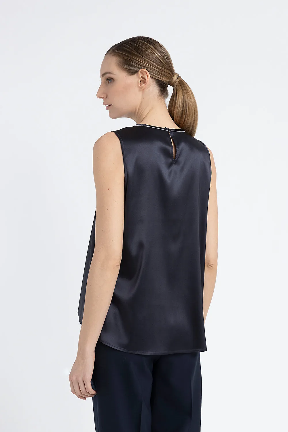 Round-neck top in shiny silk satin