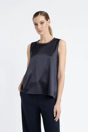 Round-neck top in shiny silk satin