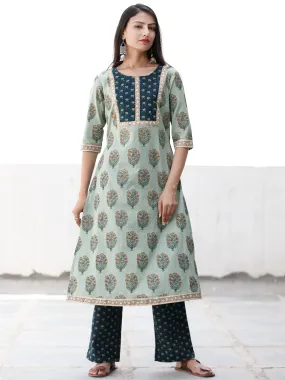 Sage & Teal Green Yellow Cotton Block Printed Kurta & Pants - Set of 2 - SS02F1864