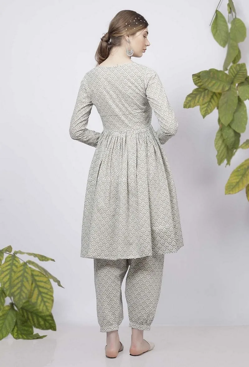 Set of 2: Sage Green Floral Hand-Block Printed Cotton Gathered Kurta With Handblock Printed Cotton Dhoti