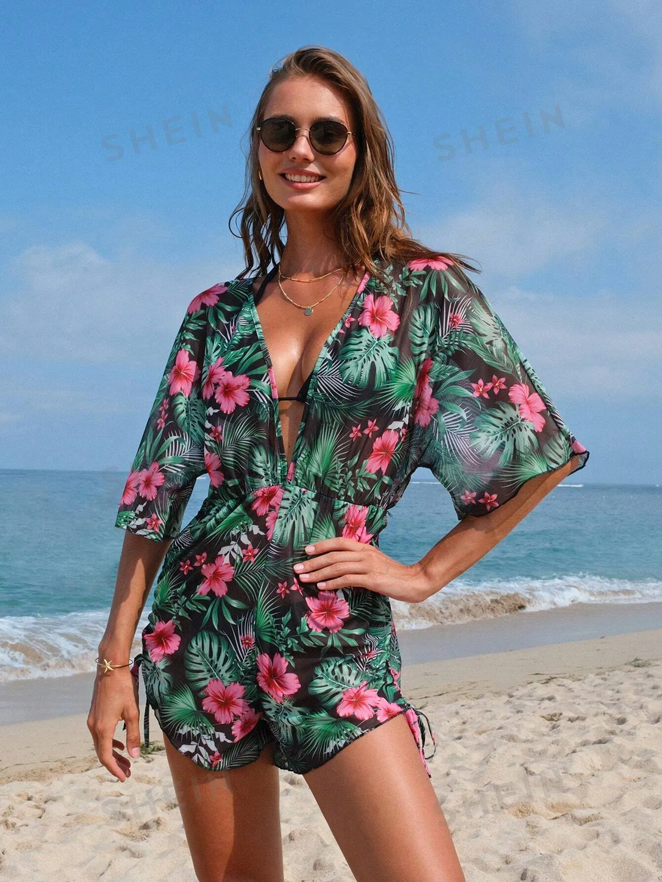 SHEIN Swim Women's Summer Beach Tropical Printed Jumpsuit With Cinched Waist