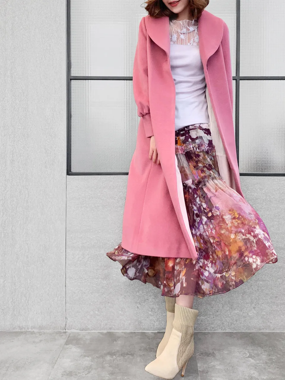 Surprise Sale! Romantic Pink One-Button Blouson Sleeves Pure Wool Coat