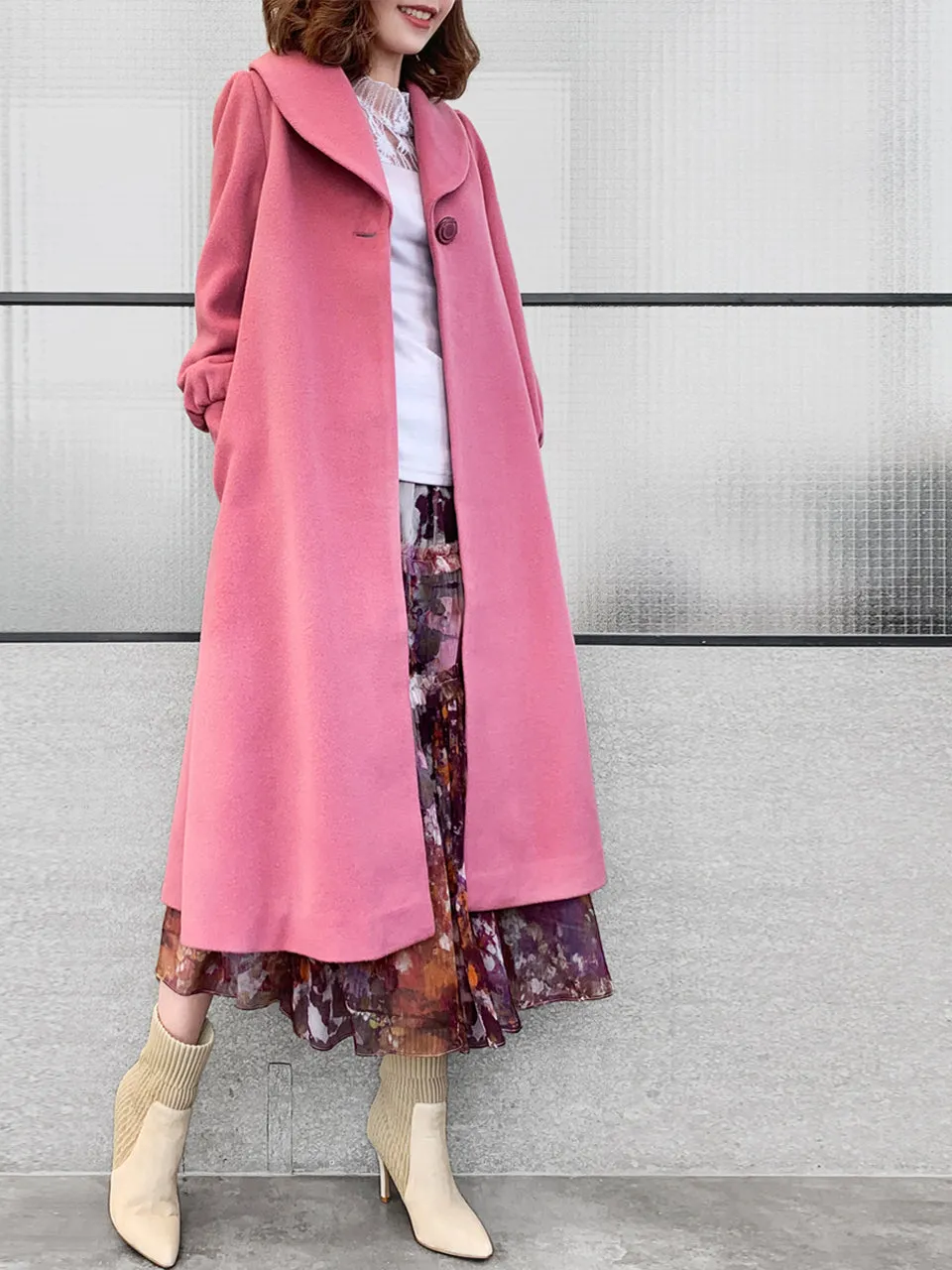 Surprise Sale! Romantic Pink One-Button Blouson Sleeves Pure Wool Coat