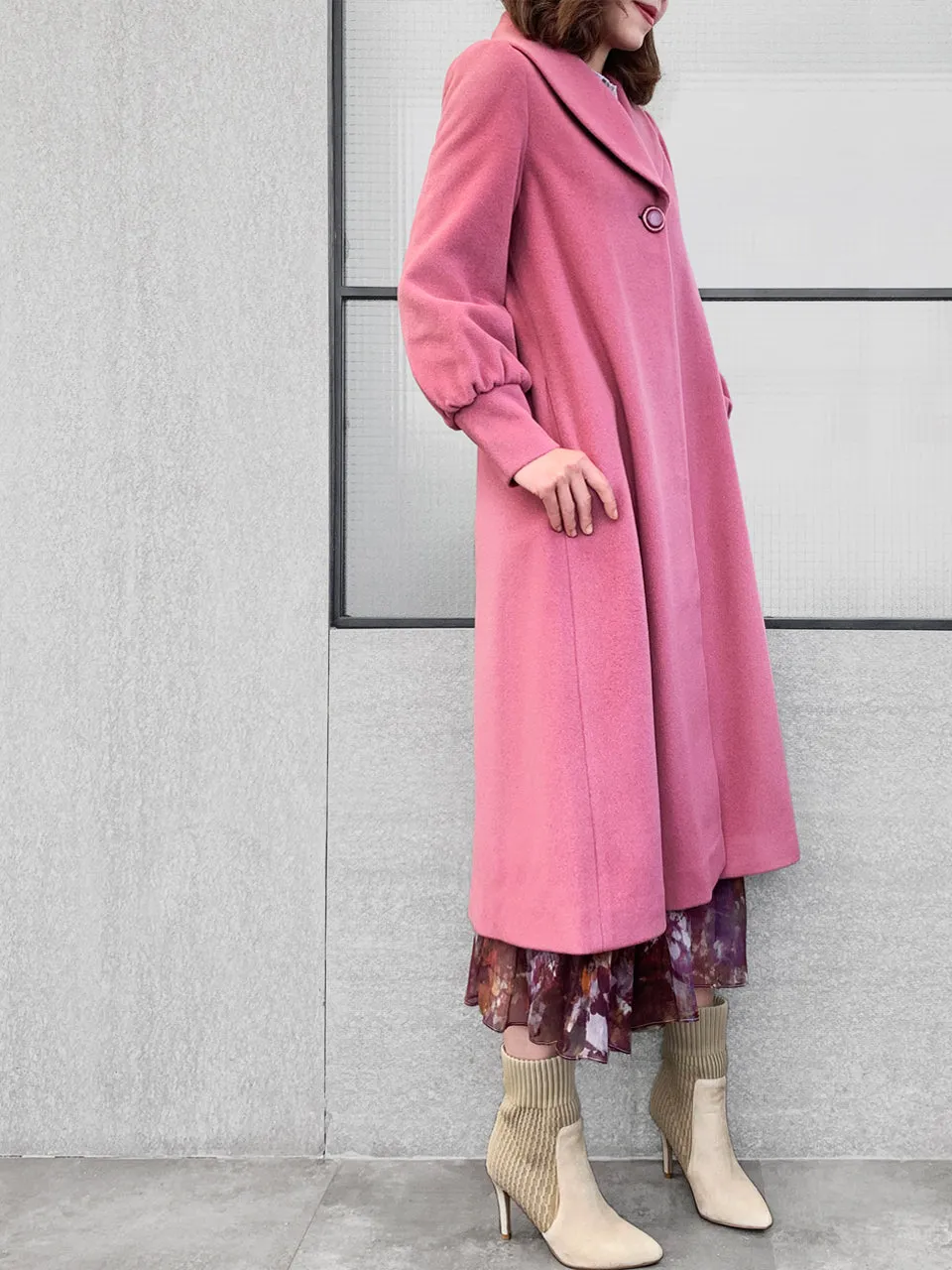 Surprise Sale! Romantic Pink One-Button Blouson Sleeves Pure Wool Coat