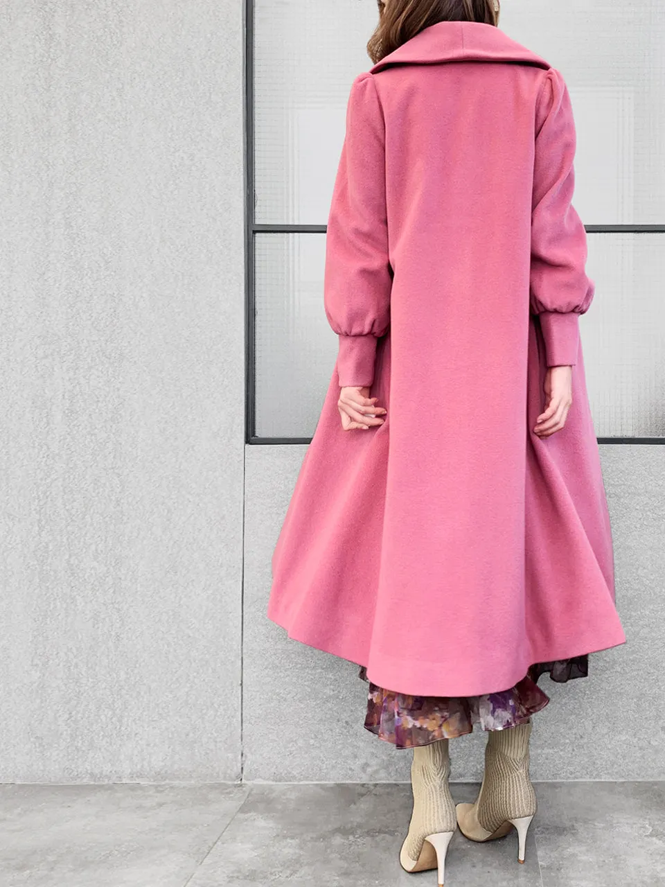 Surprise Sale! Romantic Pink One-Button Blouson Sleeves Pure Wool Coat