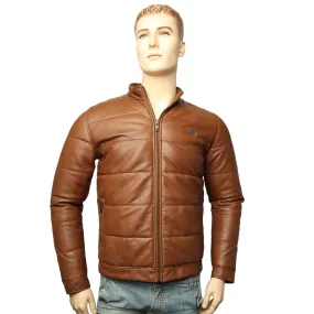 TAN GENUINE LEATHER PUFFER JACKET