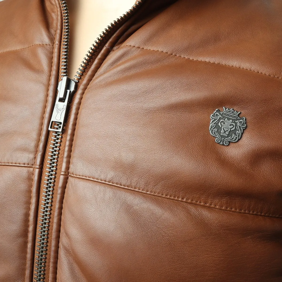 TAN GENUINE LEATHER PUFFER JACKET