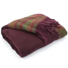 Tibetan Wool Blend Shawl Blanket - Maroon with Green & Red Reverse