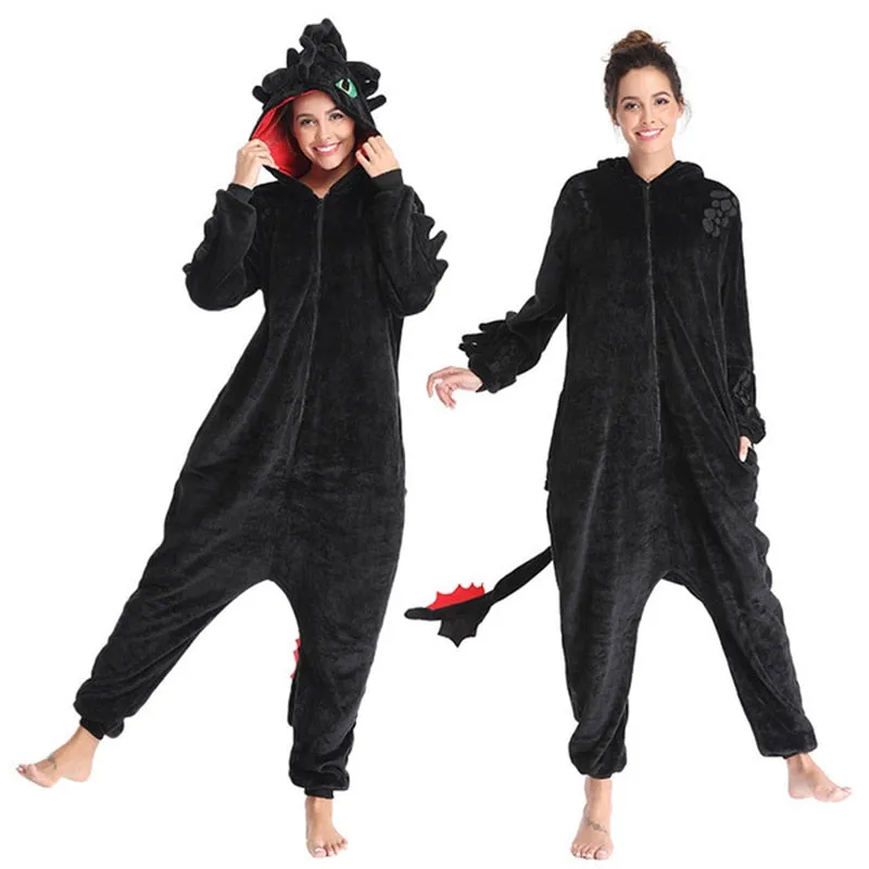 Train Your Dragon Toothless  Kigurumi Women Winter Flannel Animal Onesie Cute Cosplay Sleepwear Jumpsuit Pajamas