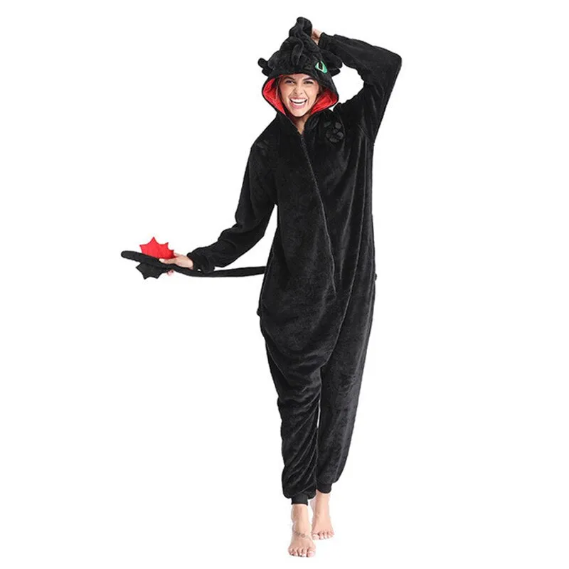 Train Your Dragon Toothless  Kigurumi Women Winter Flannel Animal Onesie Cute Cosplay Sleepwear Jumpsuit Pajamas