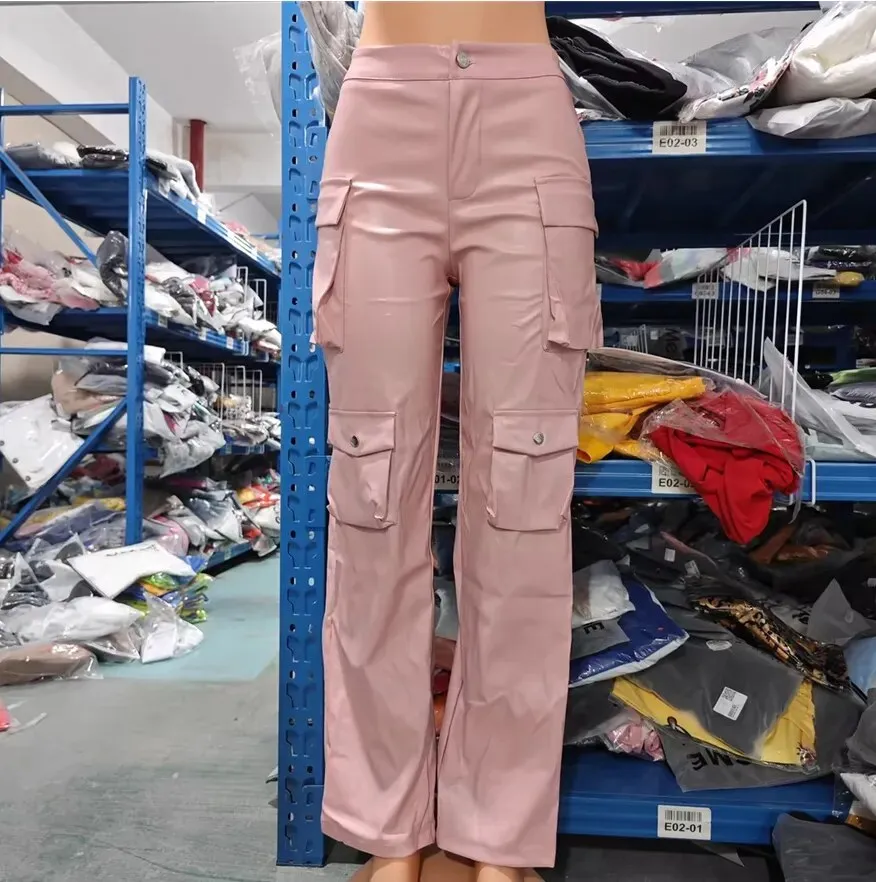 Trendy Pink Casual High Waist Straight Leg Leather Pants