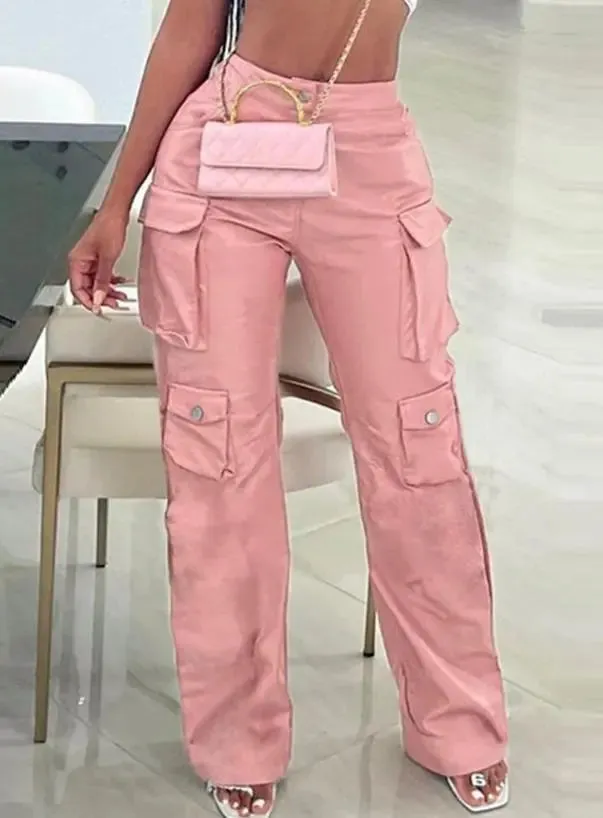 Trendy Pink Casual High Waist Straight Leg Leather Pants