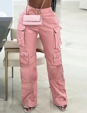 Trendy Pink Casual High Waist Straight Leg Leather Pants