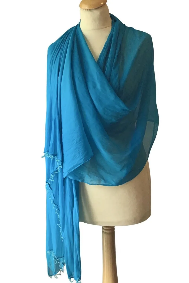 Turquoise Crinkled Chiffon Stole With Beaded Edging