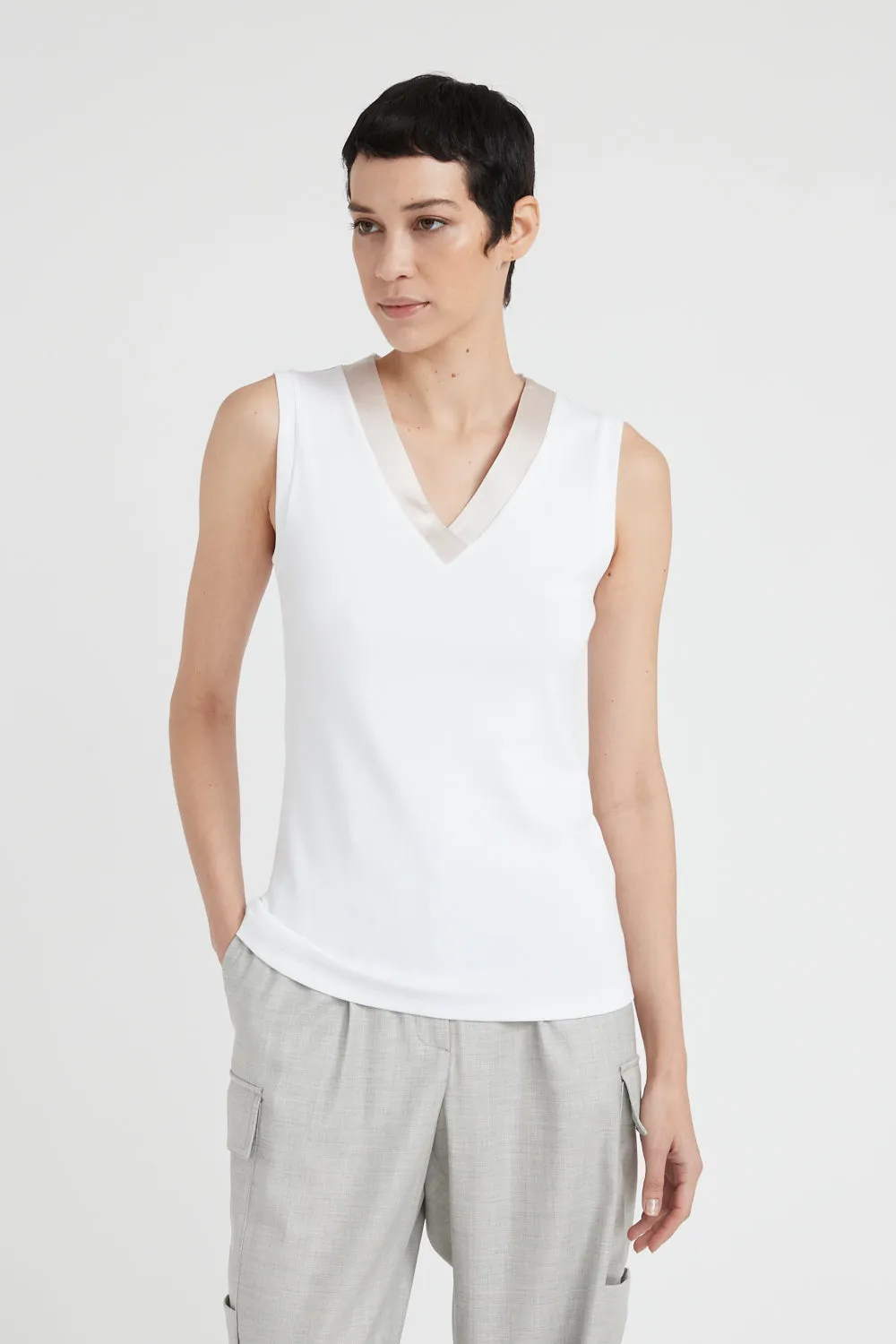 V-neck cotton jersey micro rib top