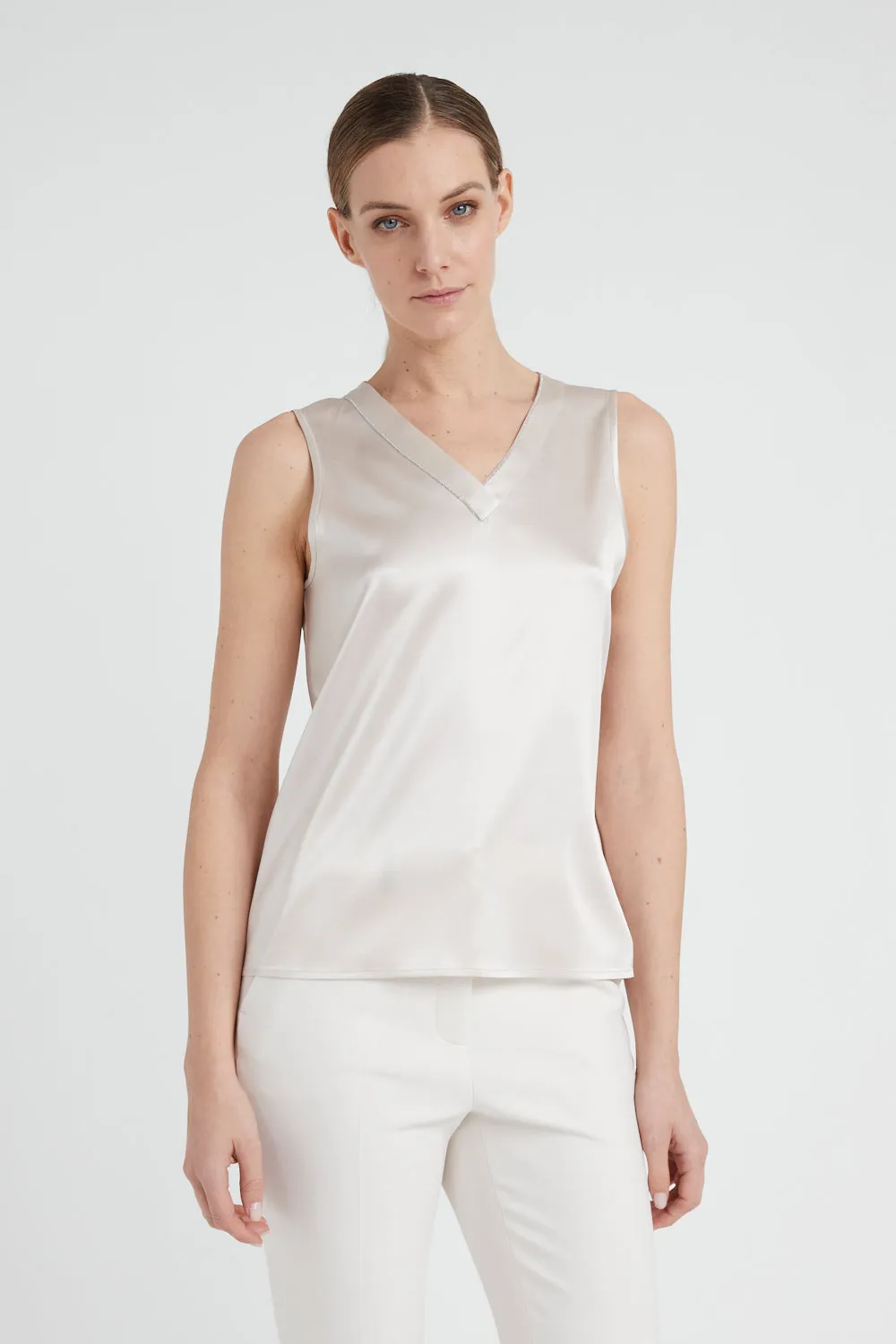 V-neck top in shiny silk satin