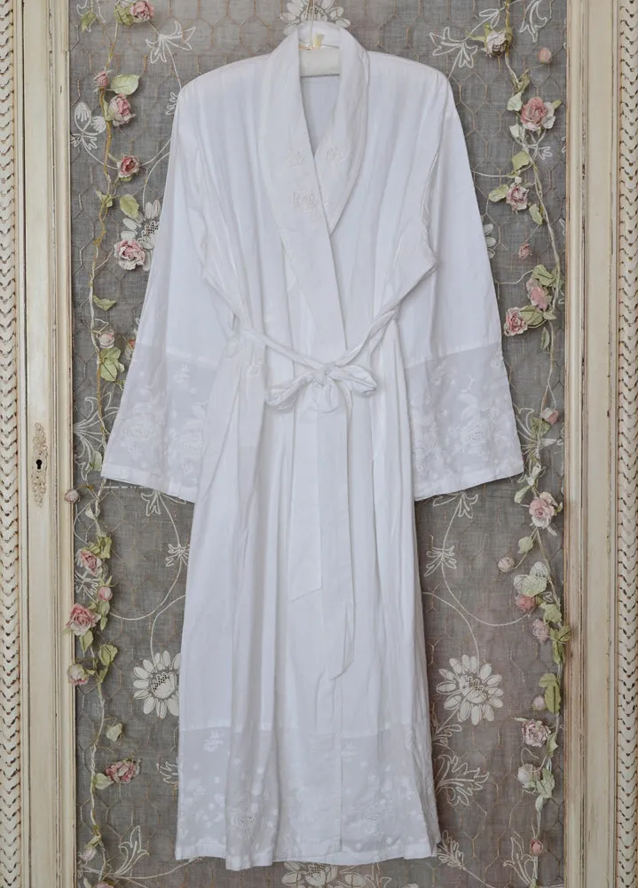 White Cotton Rose Embroidered Dressing Gown