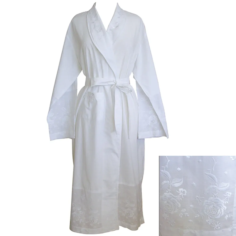 White Cotton Rose Embroidered Dressing Gown