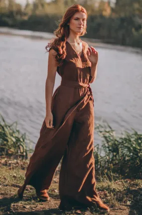 Wide Leg Linen Jumpsuit with Tie Belt