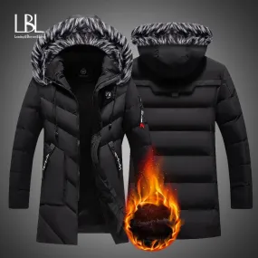 Winter Long Parkas Men Cotton Padded Brand Clothing Fashion Casual Slim Thick Warm Mens Coats Fur Hooded Overcoats Male Clothes