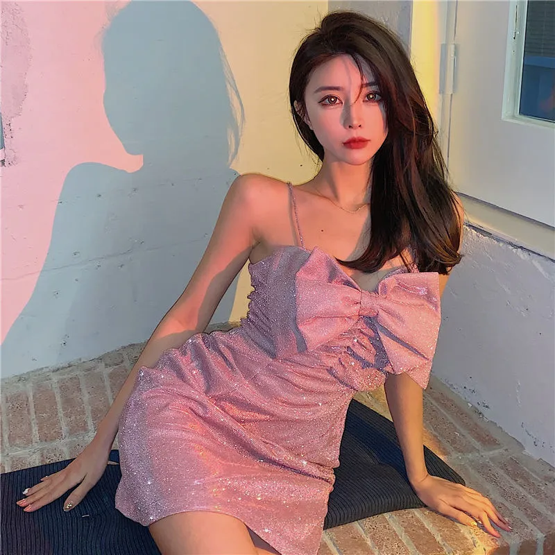 Wjczt Sexy Pink Bow Knot Dress Women Night Party Pink Dresses Ladies Mini Bodycon Shiny Dress Female Korean Gothic Vestidos Summer XL