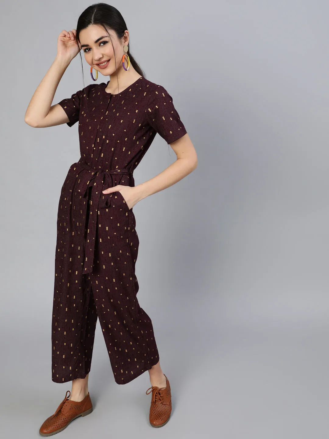 Women Burgundy Printed Jumpsuit With Side Pockets