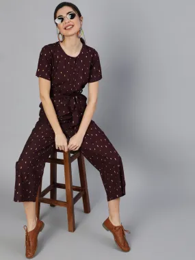 Women Burgundy Printed Jumpsuit With Side Pockets