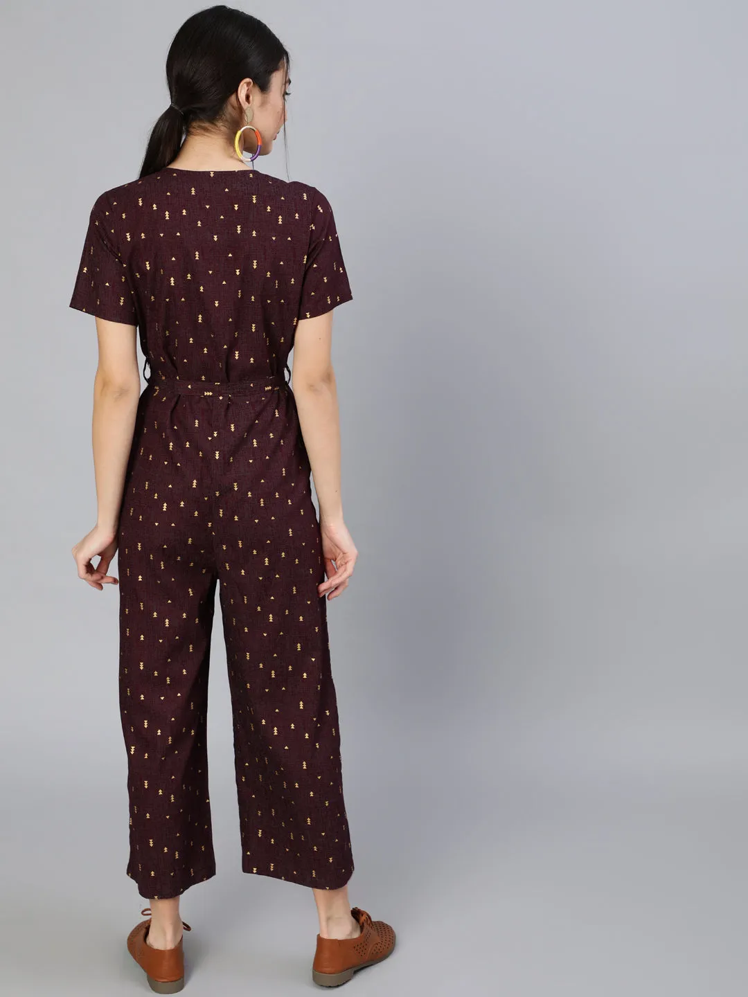 Women Burgundy Printed Jumpsuit With Side Pockets