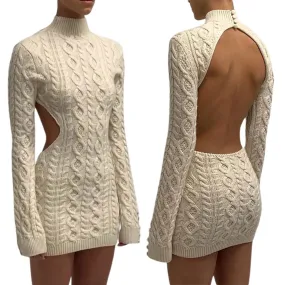 Women Close-fitting Backless Knitted Turtleneck Long Sleeve Dress*