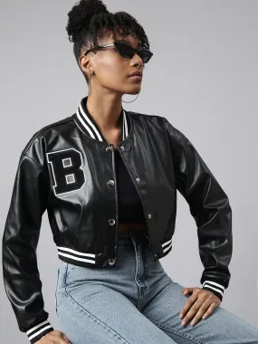 Women Solid Crop Black Drop Shoulder Oversized Varsity Jacket