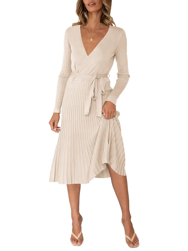 Women's Long Sleeve Midi Dress Wrap Pleated Sweater Dresses