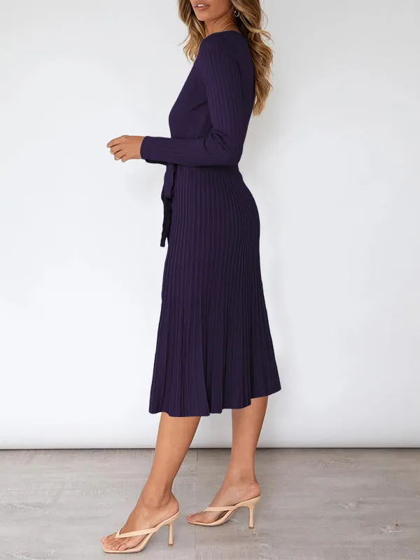 Women's Long Sleeve Midi Dress Wrap Pleated Sweater Dresses