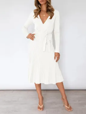 Women's Long Sleeve Midi Dress Wrap Pleated Sweater Dresses