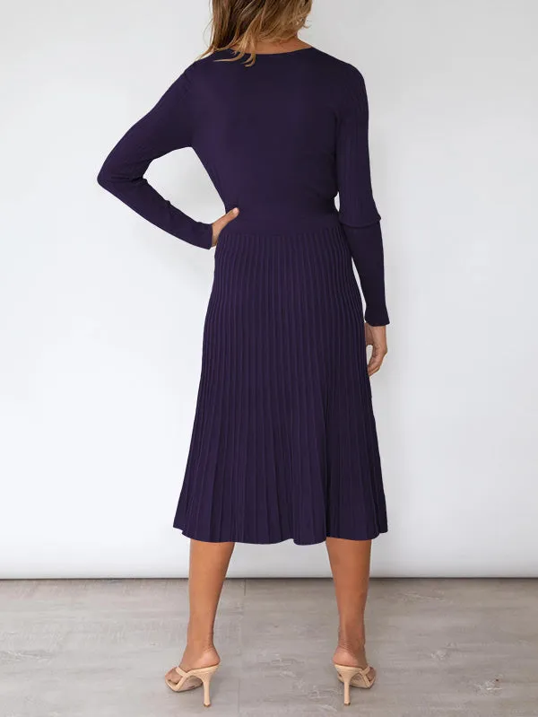 Women's Long Sleeve Midi Dress Wrap Pleated Sweater Dresses