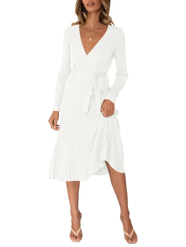 Women's Long Sleeve Midi Dress Wrap Pleated Sweater Dresses