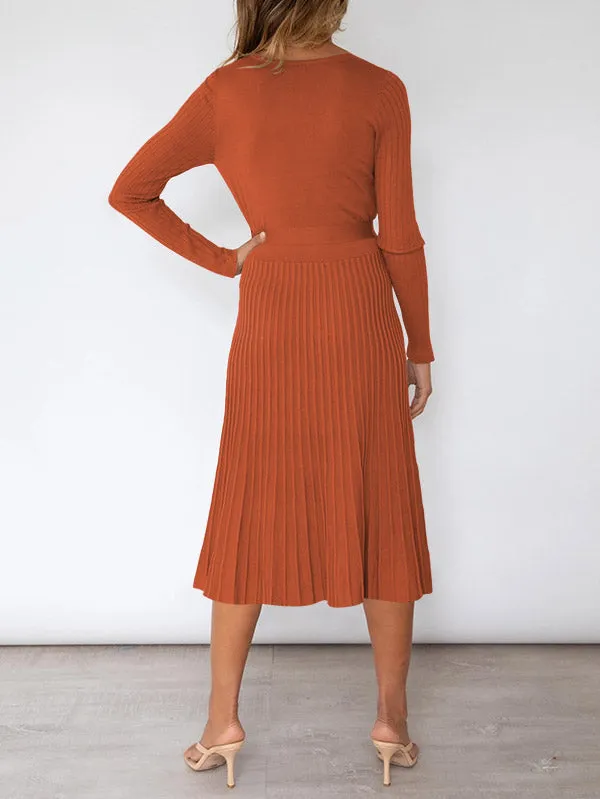 Women's Long Sleeve Midi Dress Wrap Pleated Sweater Dresses