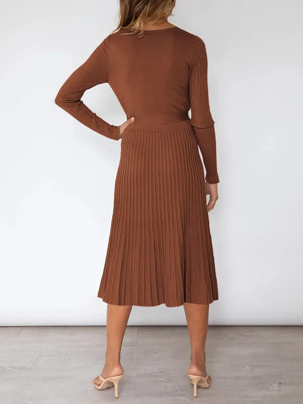 Women's Long Sleeve Midi Dress Wrap Pleated Sweater Dresses