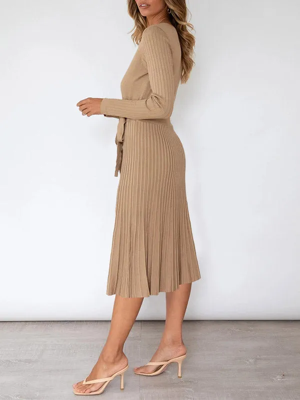 Women's Long Sleeve Midi Dress Wrap Pleated Sweater Dresses