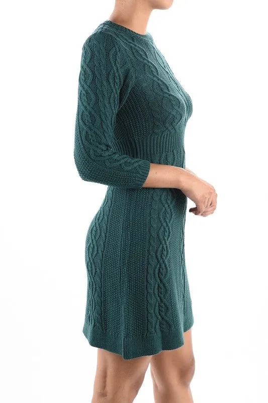 Yemak Women's Cable Knit Round Neck 3/4 Sleeves Mini Sweater Dress MK6018