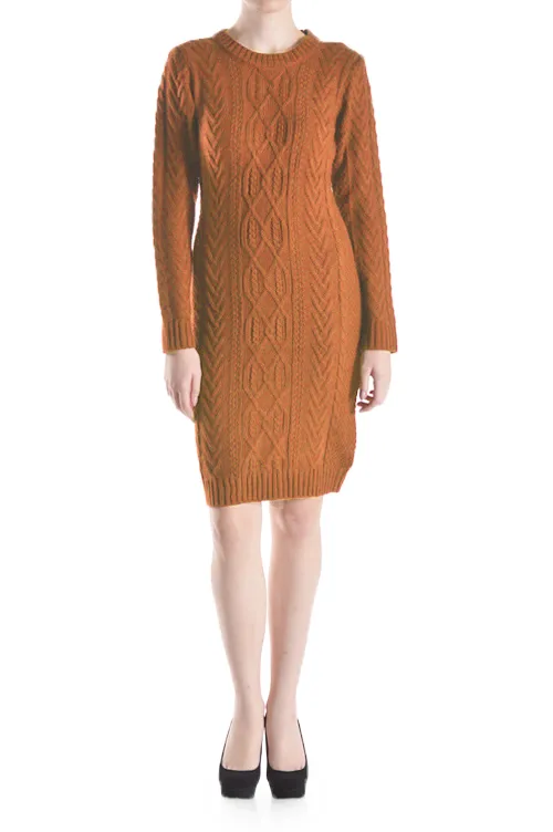 Yemak Women's Long Sleeve Knitted Feminine Cable Knit Sweater Dress MK3451