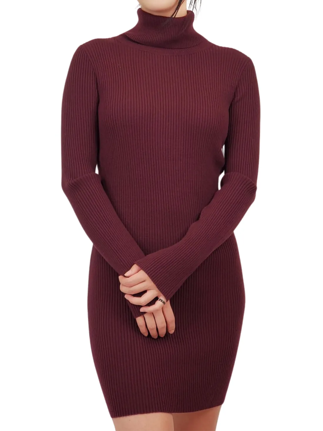 Yemak Women's Ribbed Turtleneck Long Sleeve Slim Fit Mini Dress MK8121